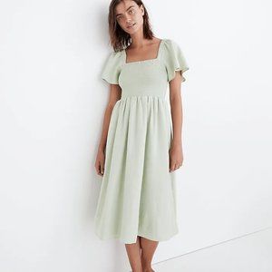 Linen-Blend Lucie Smocked Midi Dress in Sunfaded Mint, S